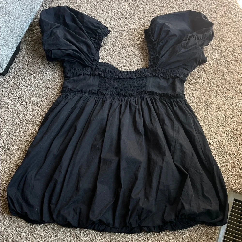Free People Rendezvous Me  Black Puff Sleeve Mini Babydoll Dress Size Medium